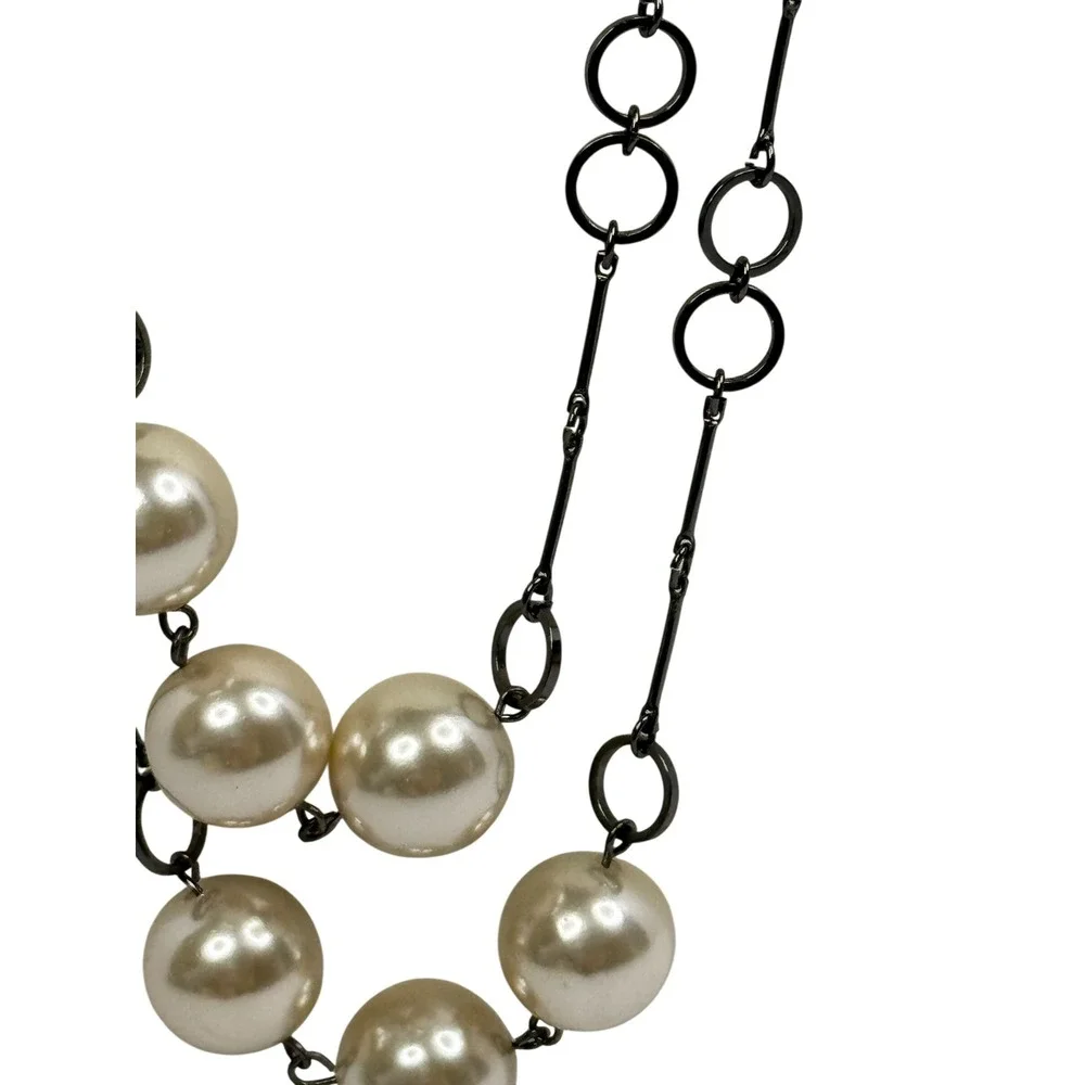 Women Oversized Faux Pearl Gunmetal Link Station Necklace Long Opera Y2K‎ Retro
